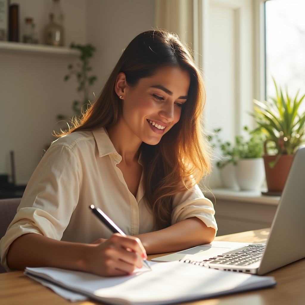 Marketing coordinator reviewing a blog editorial calendar at a bright desk