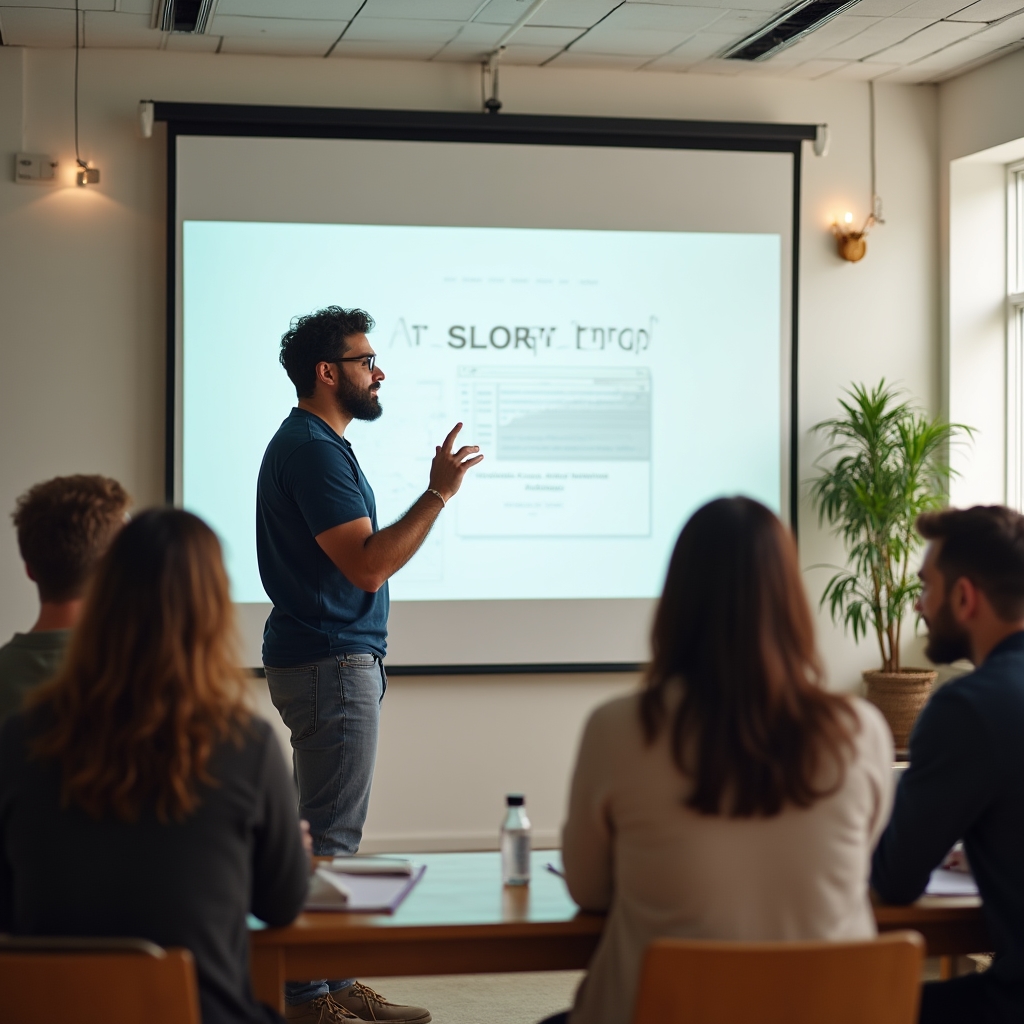 Instructor leading a small group blog training session in a bright classroom